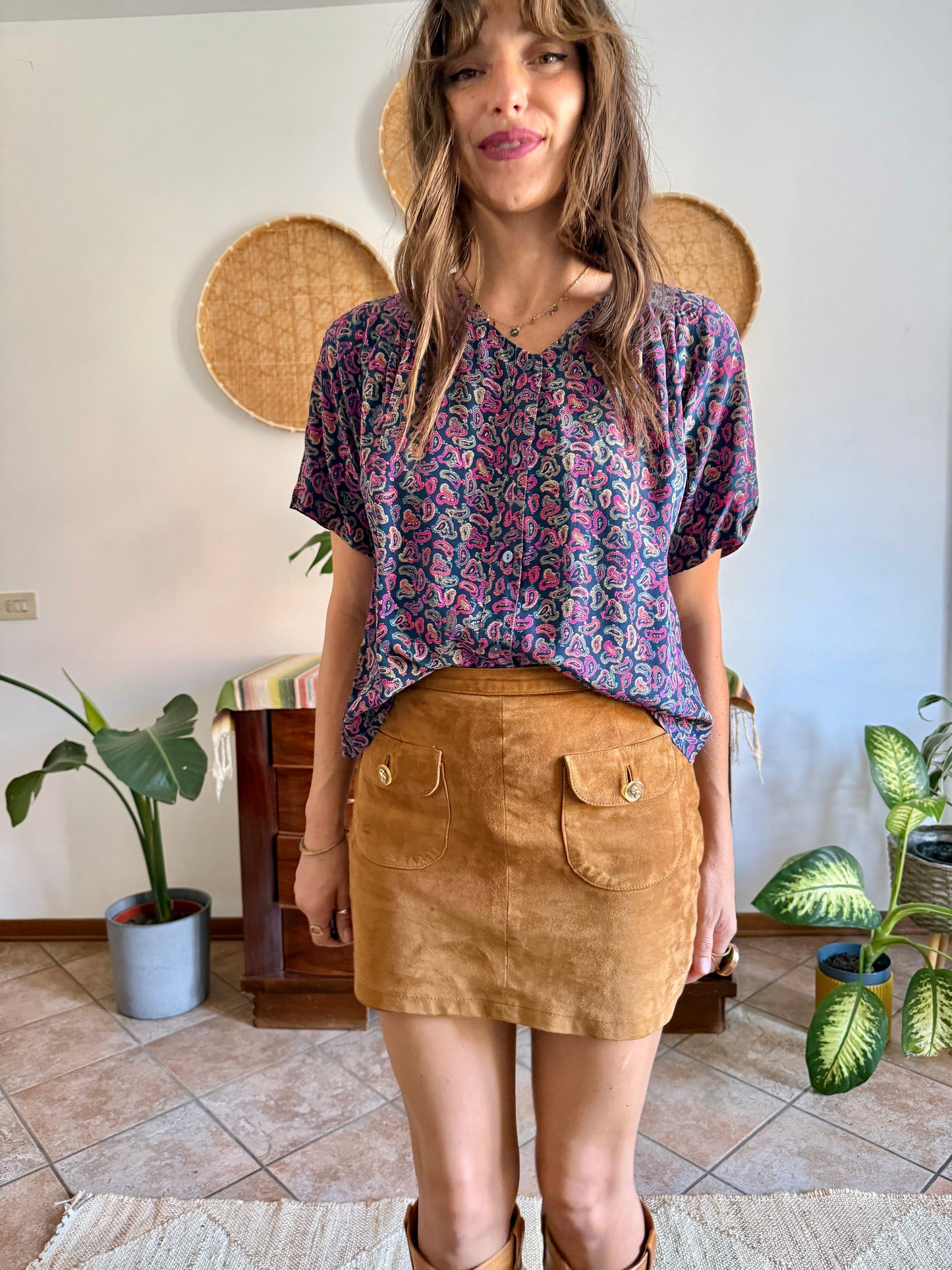 1970's vintage pink, blue and tan paisley print silk blouse