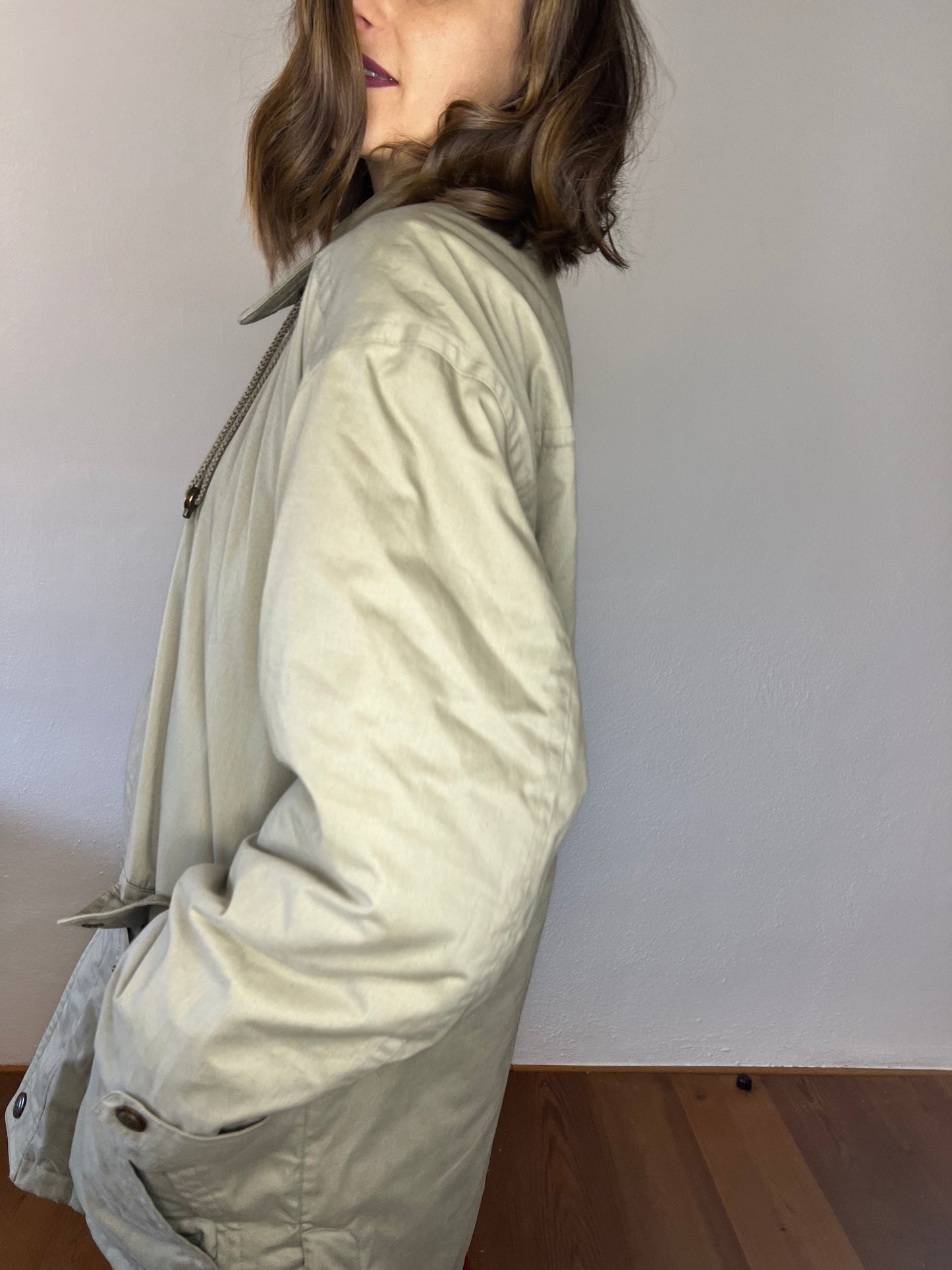 1970's vintage oversize beige utility coat with coral quilted lining