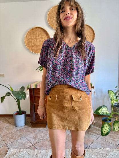 1970's vintage pink, blue and tan paisley print silk blouse