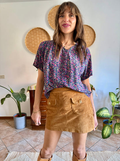 1970's vintage pink, blue and tan paisley print silk blouse