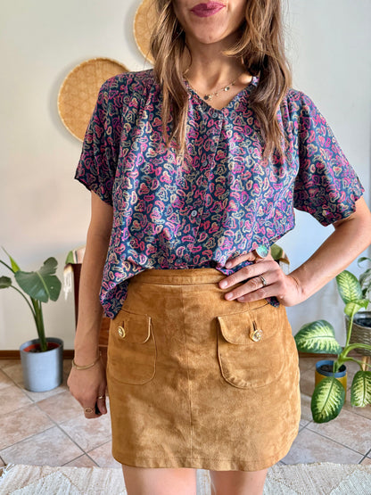 1970's vintage pink, blue and tan paisley print silk blouse