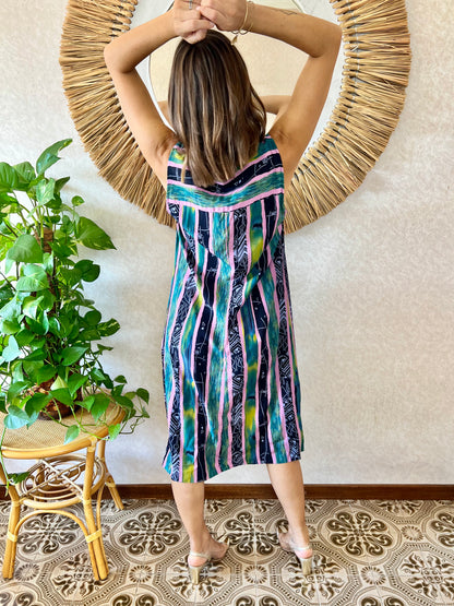 1990's vintage multicolour stripe and abstract print midi dress