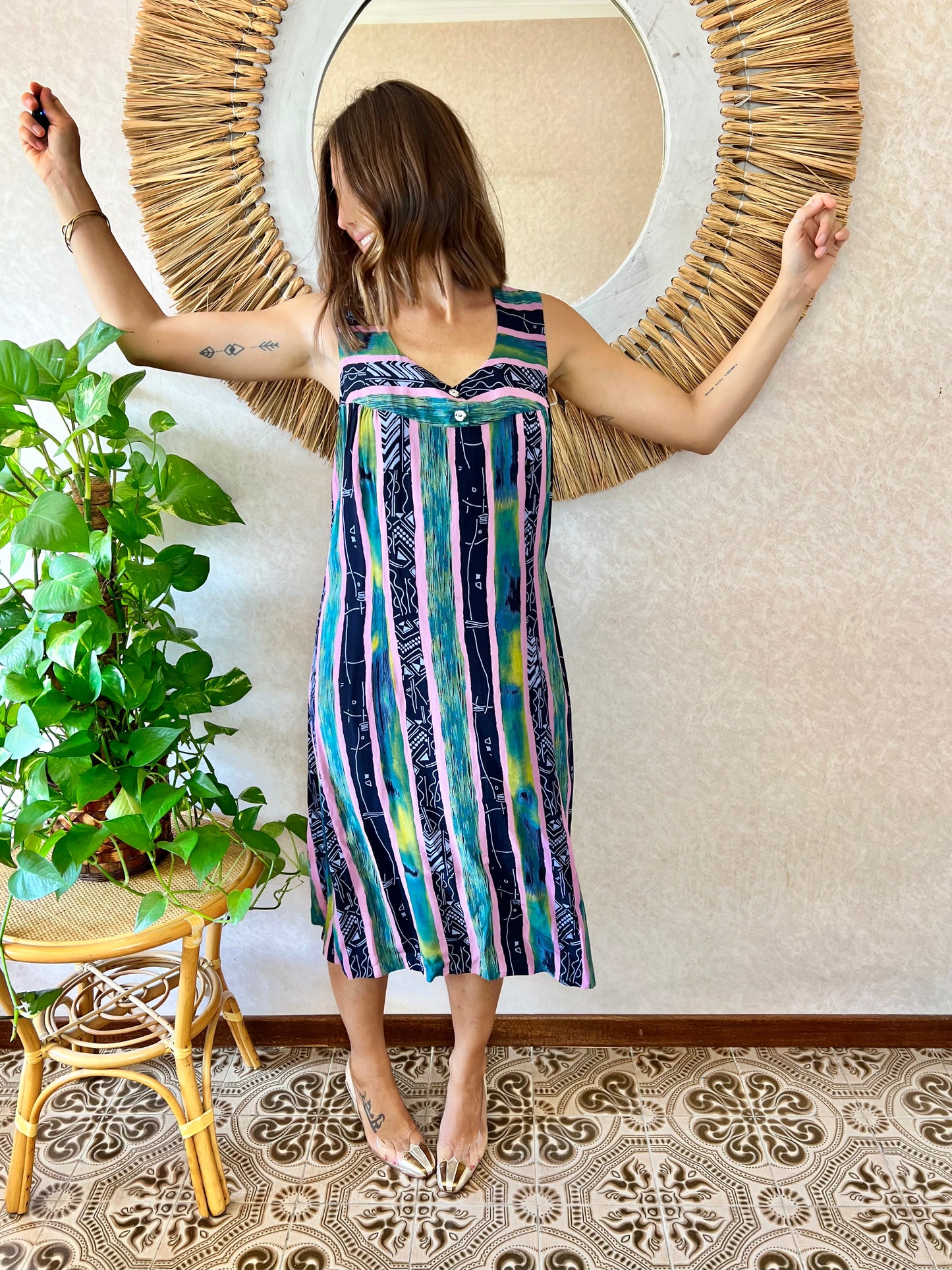 1990's vintage multicolour stripe and abstract print midi dress