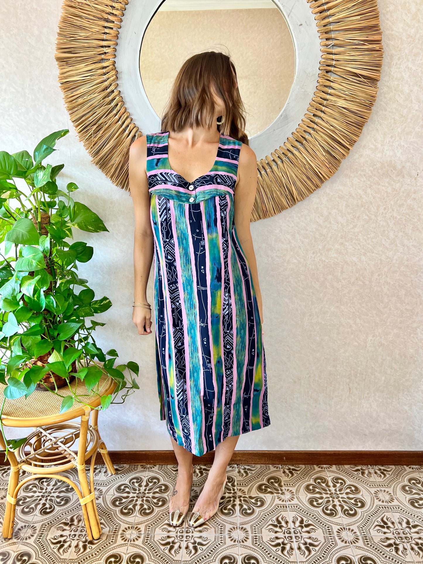 1990's vintage multicolour stripe and abstract print midi dress