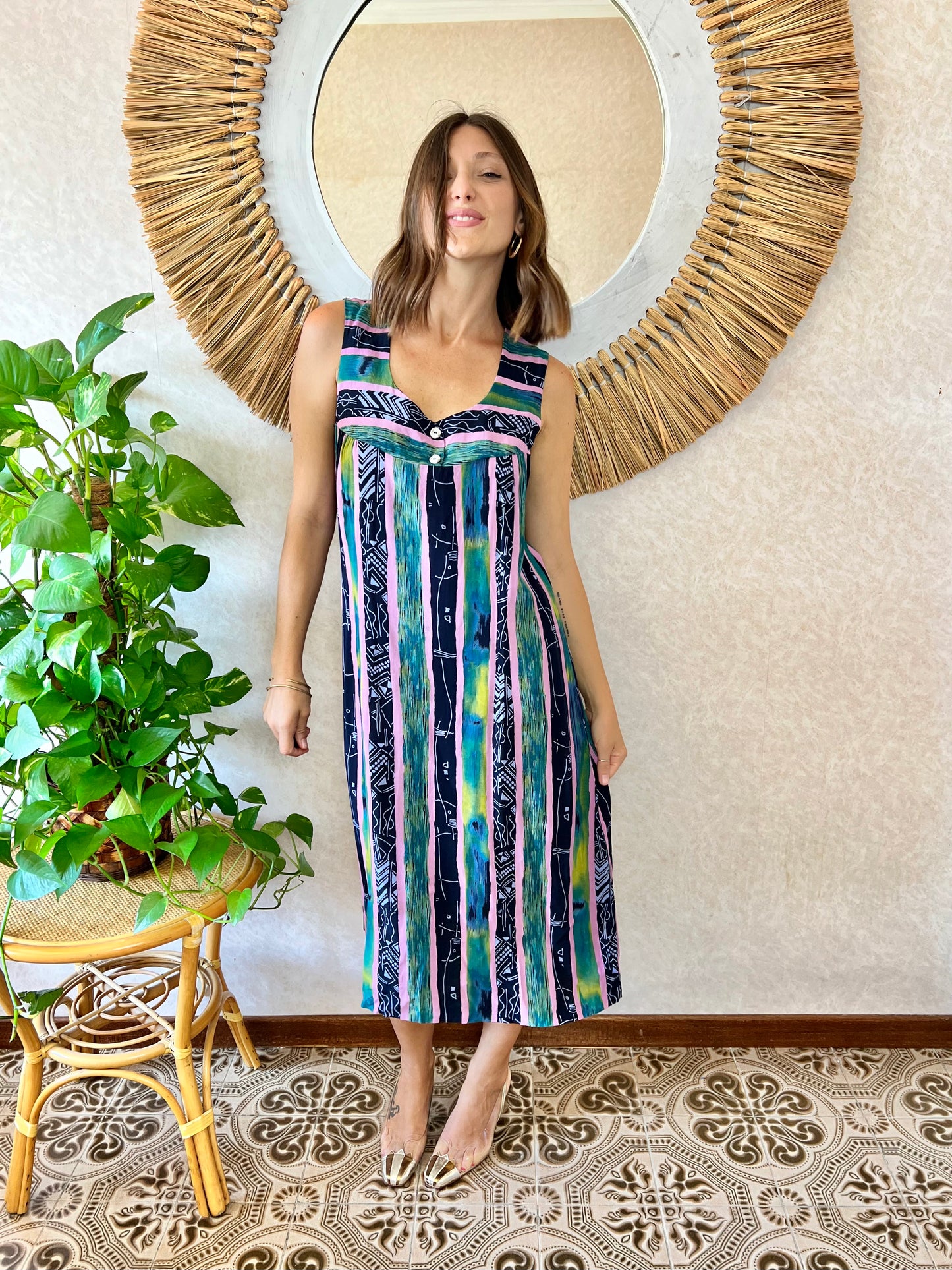 1990's vintage multicolour stripe and abstract print midi dress