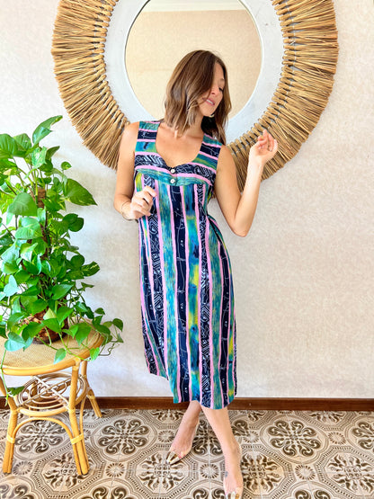 1990's vintage multicolour stripe and abstract print midi dress