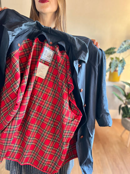 1970's vintage navy blue trench coat with red plaid lining