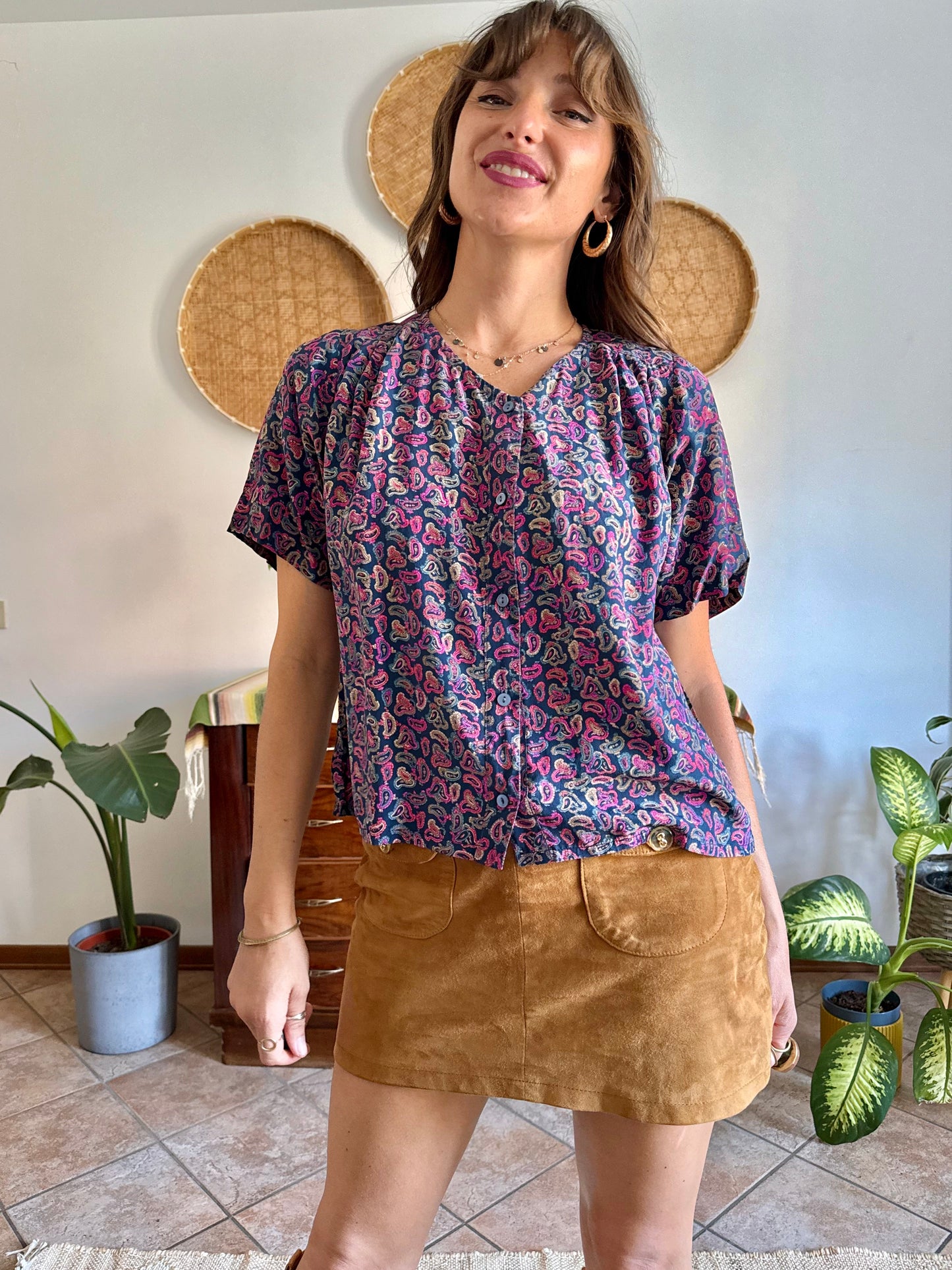 1970's vintage pink, blue and tan paisley print silk blouse