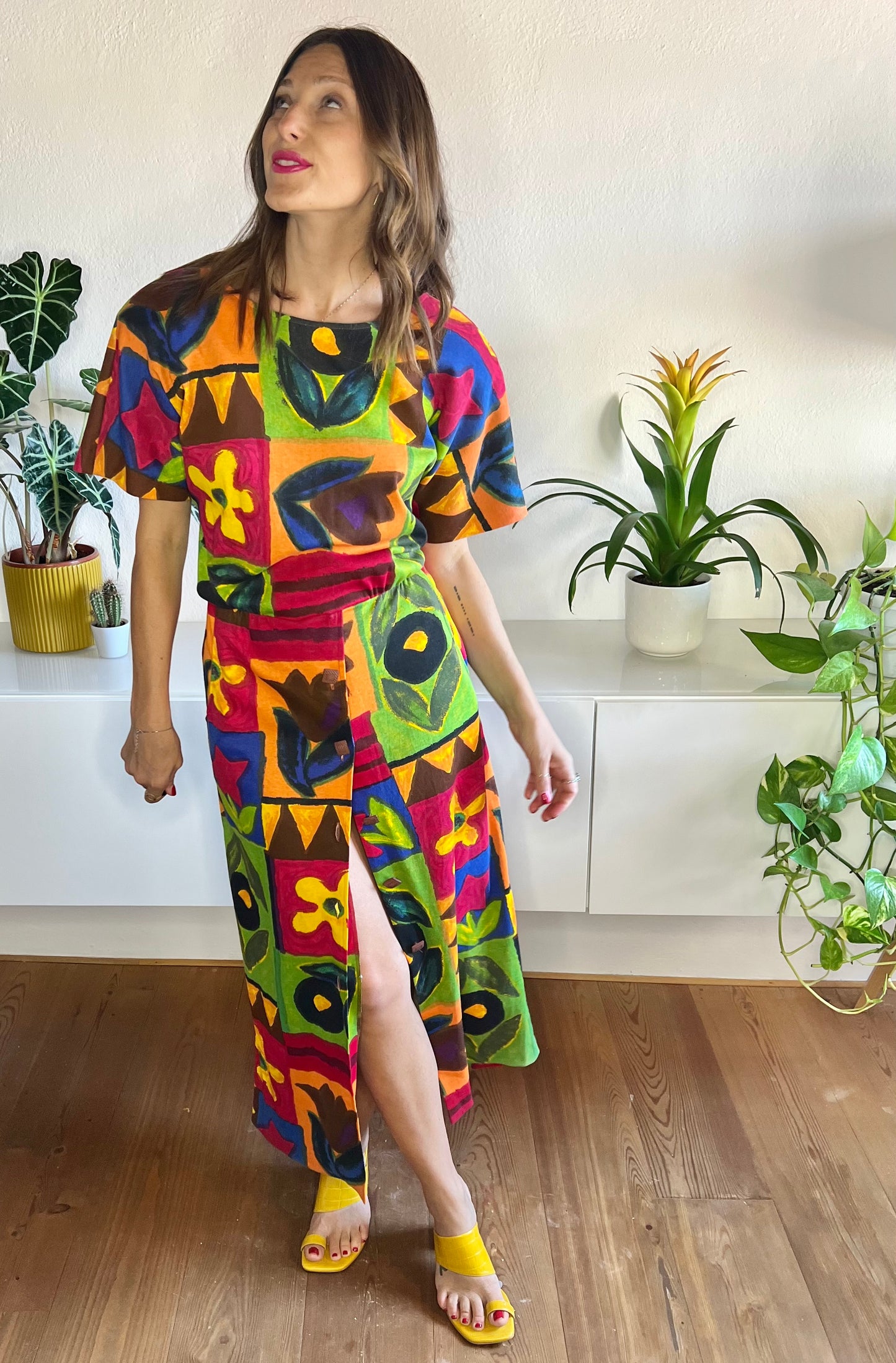 1980's vintage rainbow coloured floral maxi dress