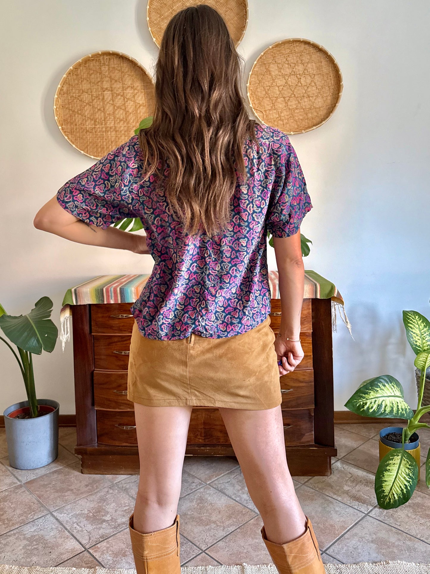 1970's vintage pink, blue and tan paisley print silk blouse