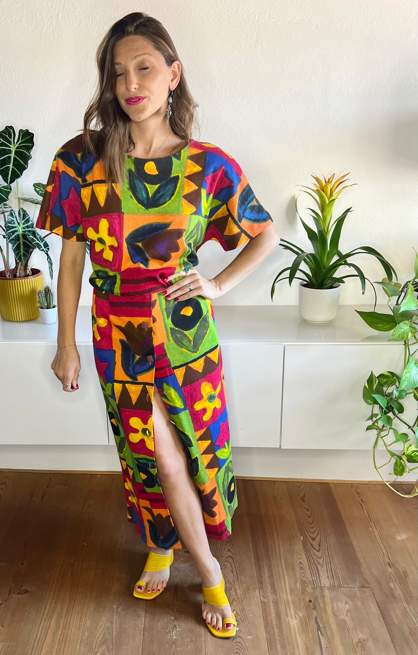 1980's vintage rainbow coloured floral maxi dress