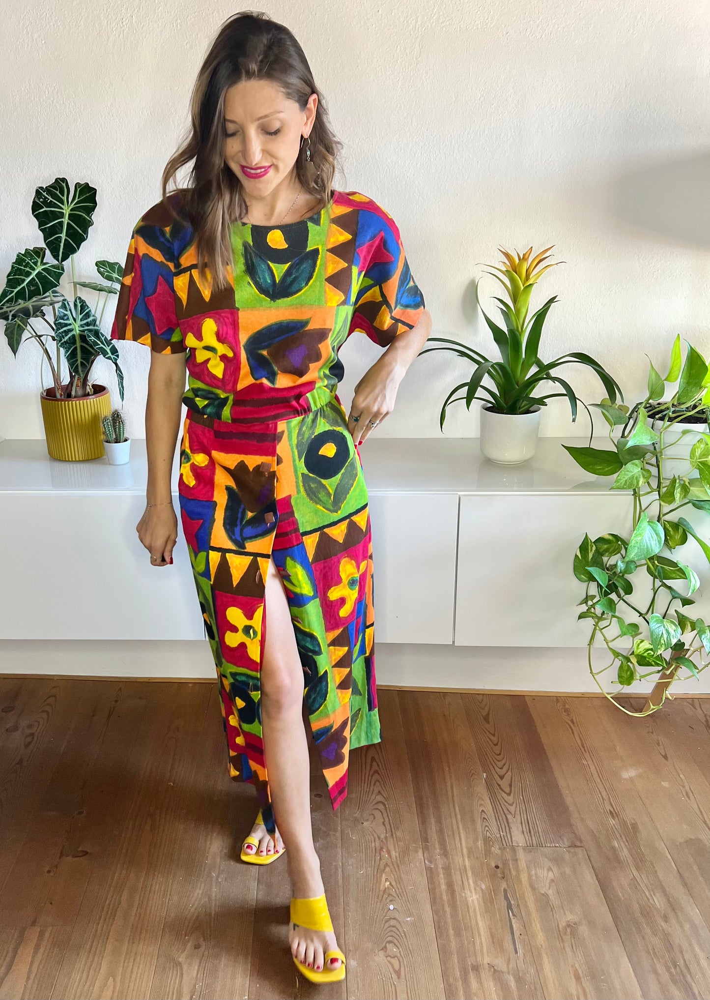 1980's vintage rainbow coloured floral maxi dress