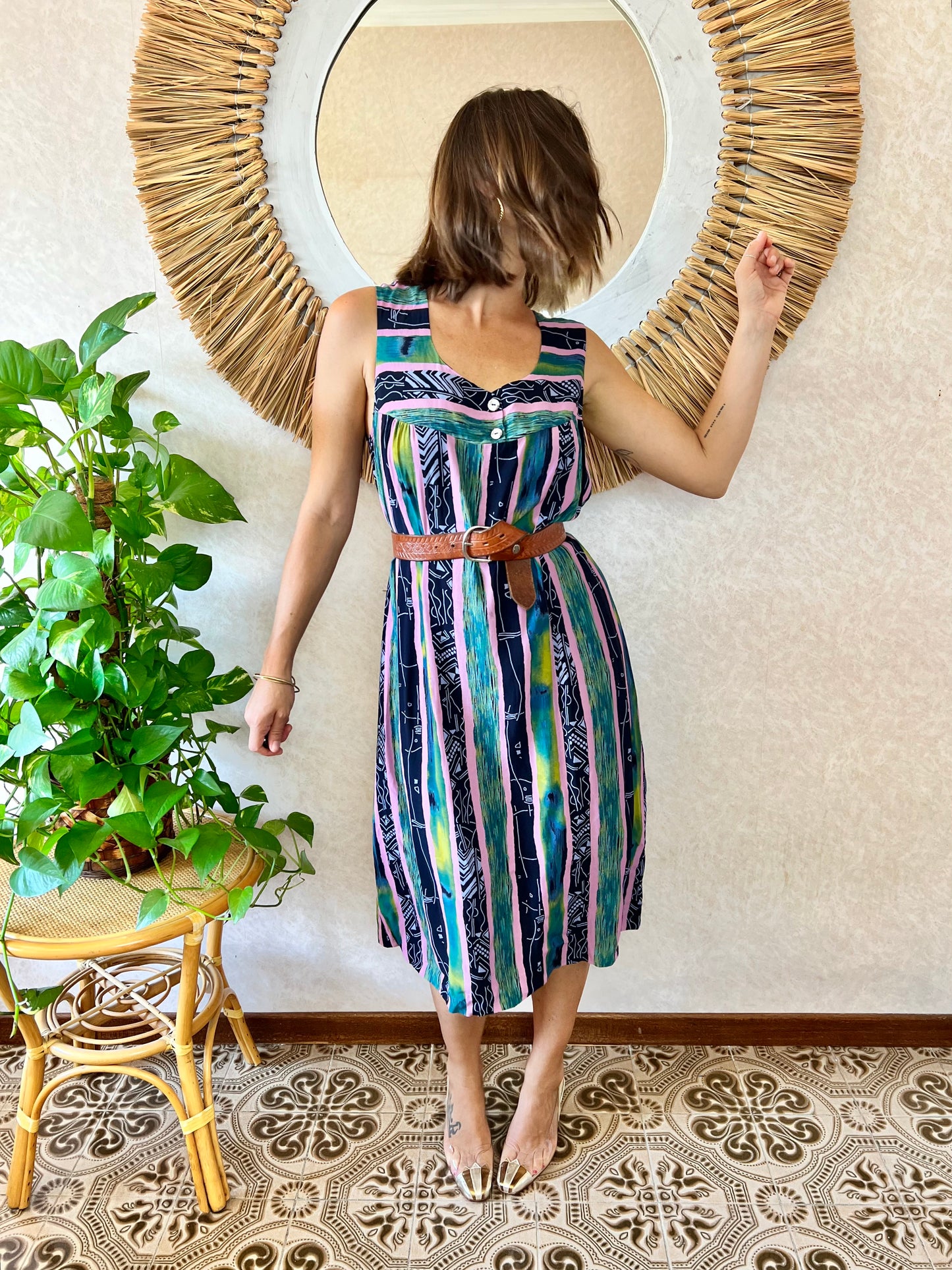 1990's vintage multicolour stripe and abstract print midi dress