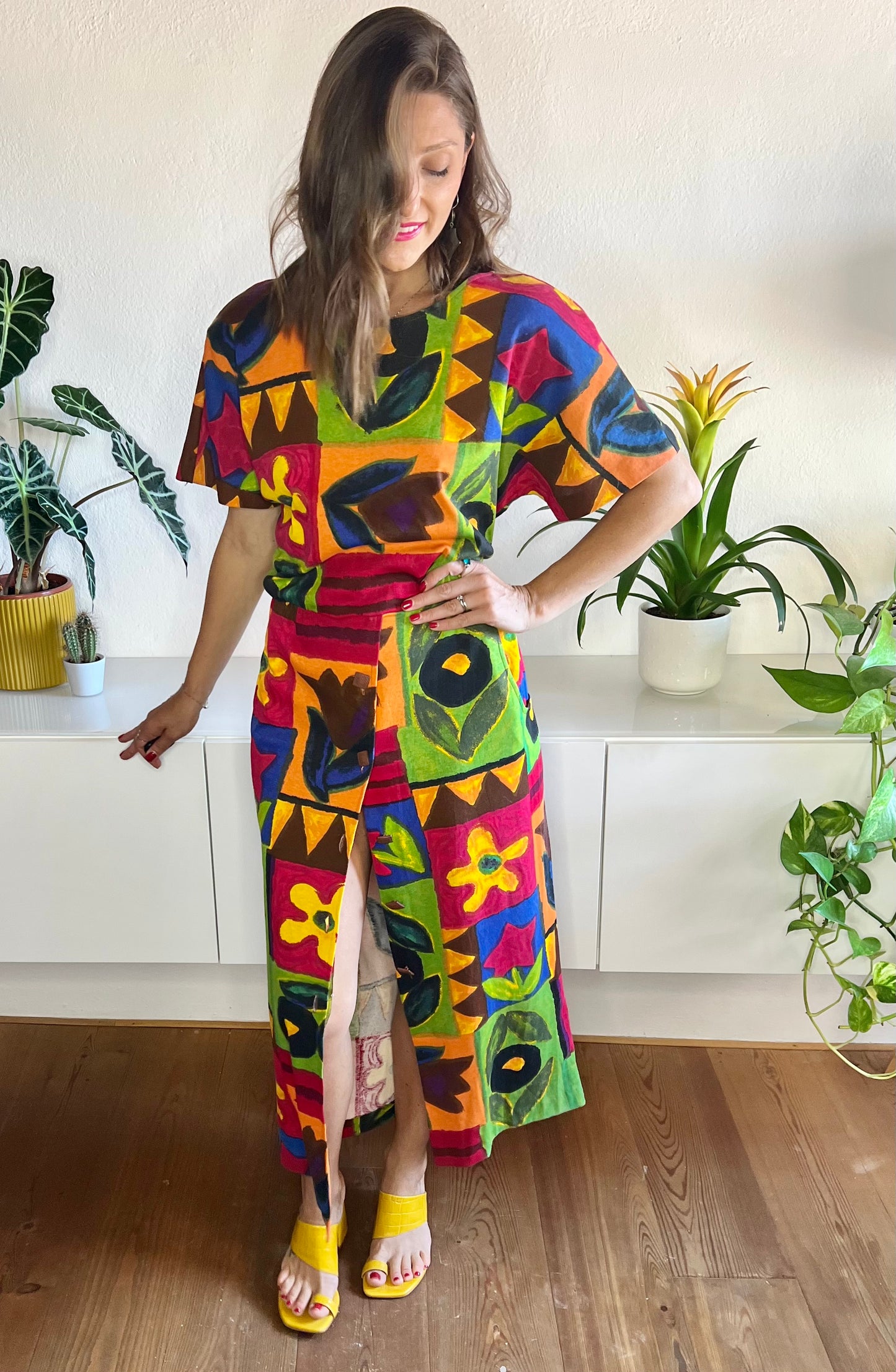 1980's vintage rainbow coloured floral maxi dress