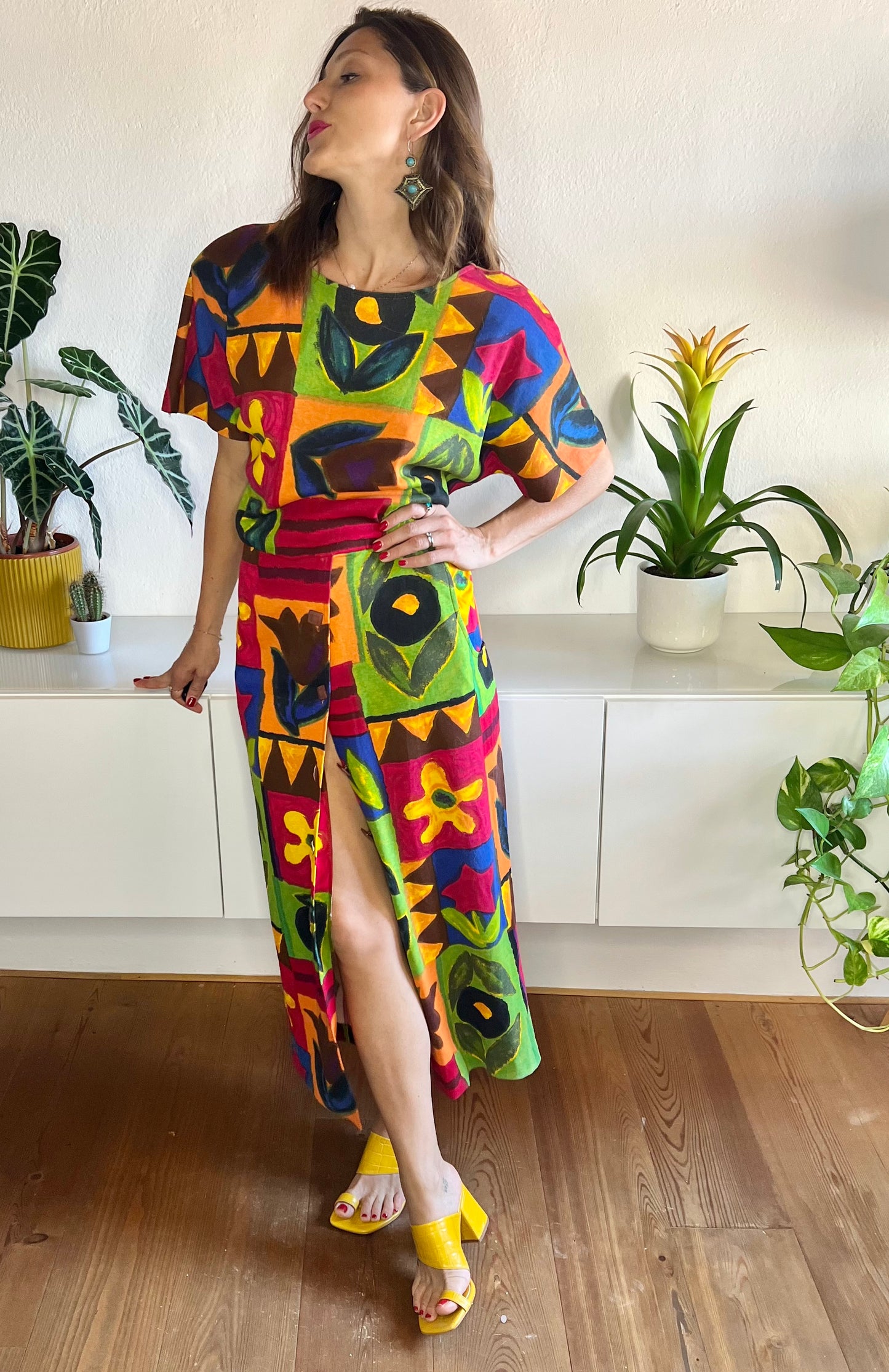 1980's vintage rainbow coloured floral maxi dress