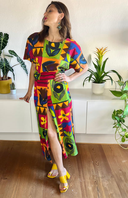 1980's vintage rainbow coloured floral maxi dress