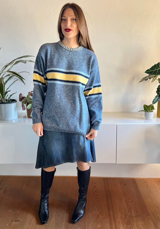 1990's vintage oversize blue and yellow stripe knit pullover