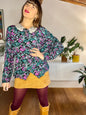 1970's vintage purple and turquoise floral blouse with lace collar