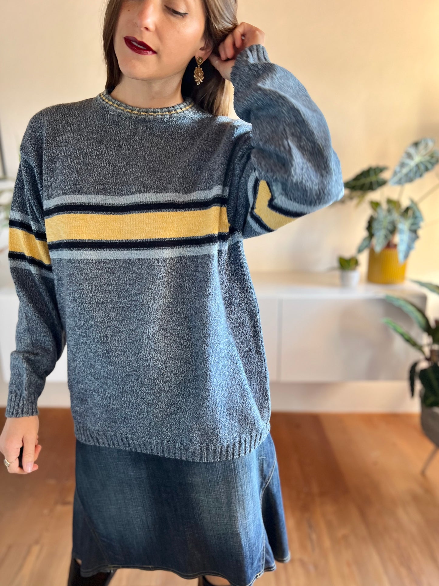 1990's vintage oversize blue and yellow stripe knit pullover