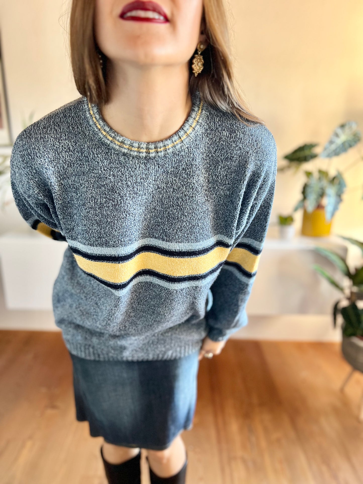 1990's vintage oversize blue and yellow stripe knit pullover