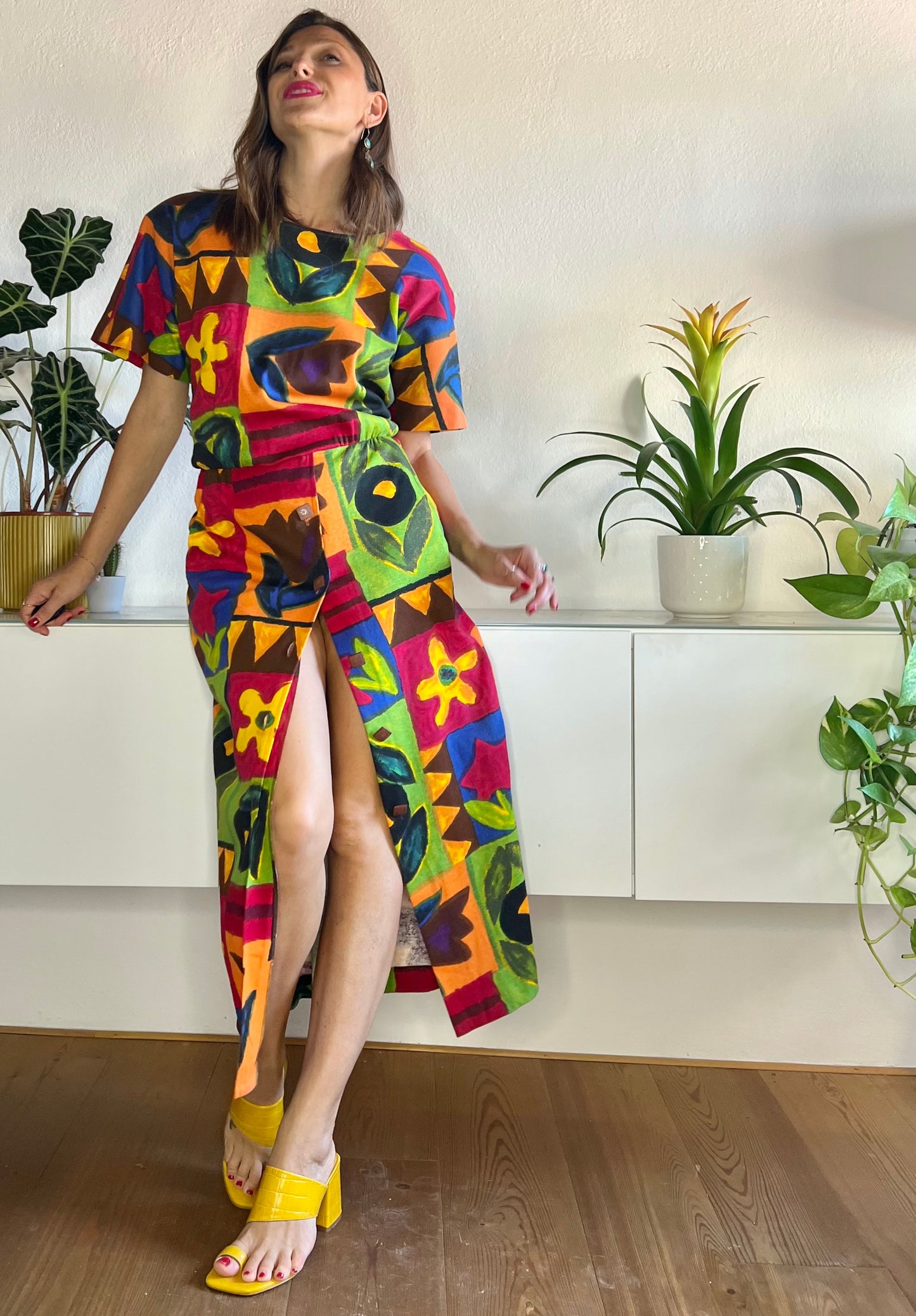 1980's vintage rainbow coloured floral maxi dress