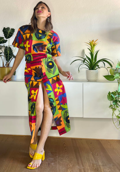 1980's vintage rainbow coloured floral maxi dress