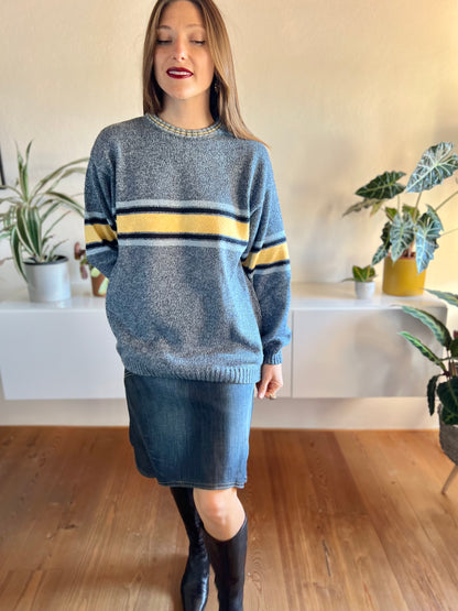 1990's vintage oversize blue and yellow stripe knit pullover