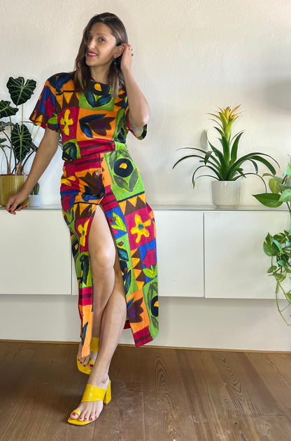 1980's vintage rainbow coloured floral maxi dress