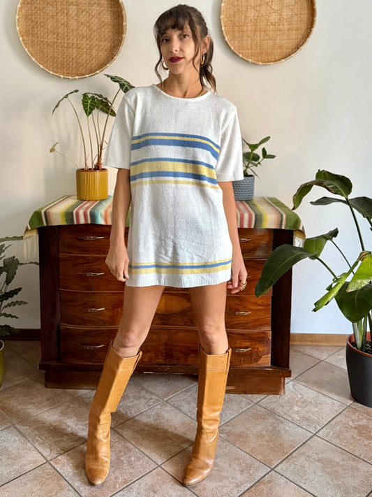 1990's vintage cream knit mini dress with blue and yellow stripes