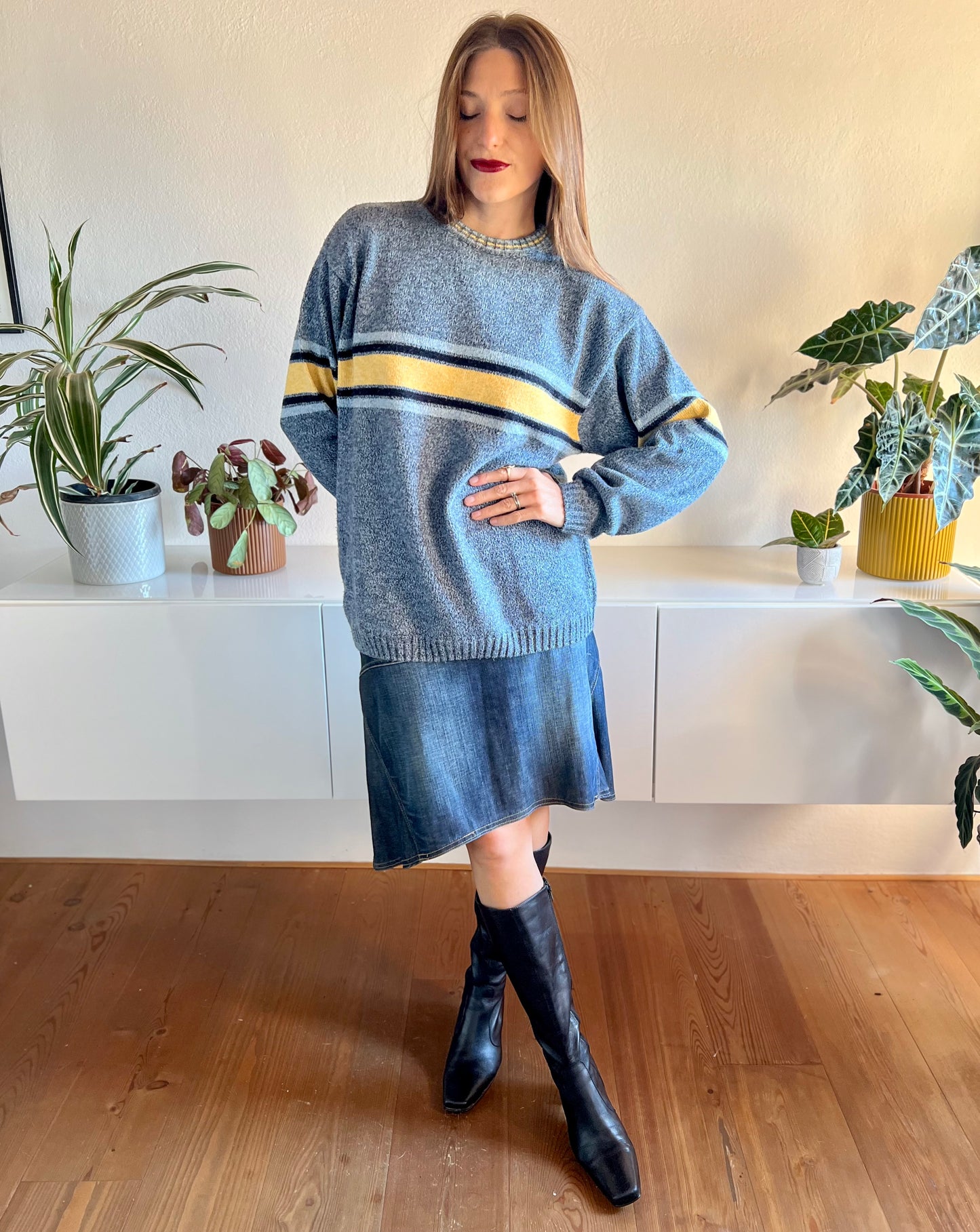 1990's vintage oversize blue and yellow stripe knit pullover