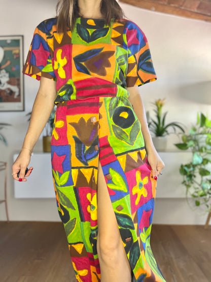 1980's vintage rainbow coloured floral maxi dress