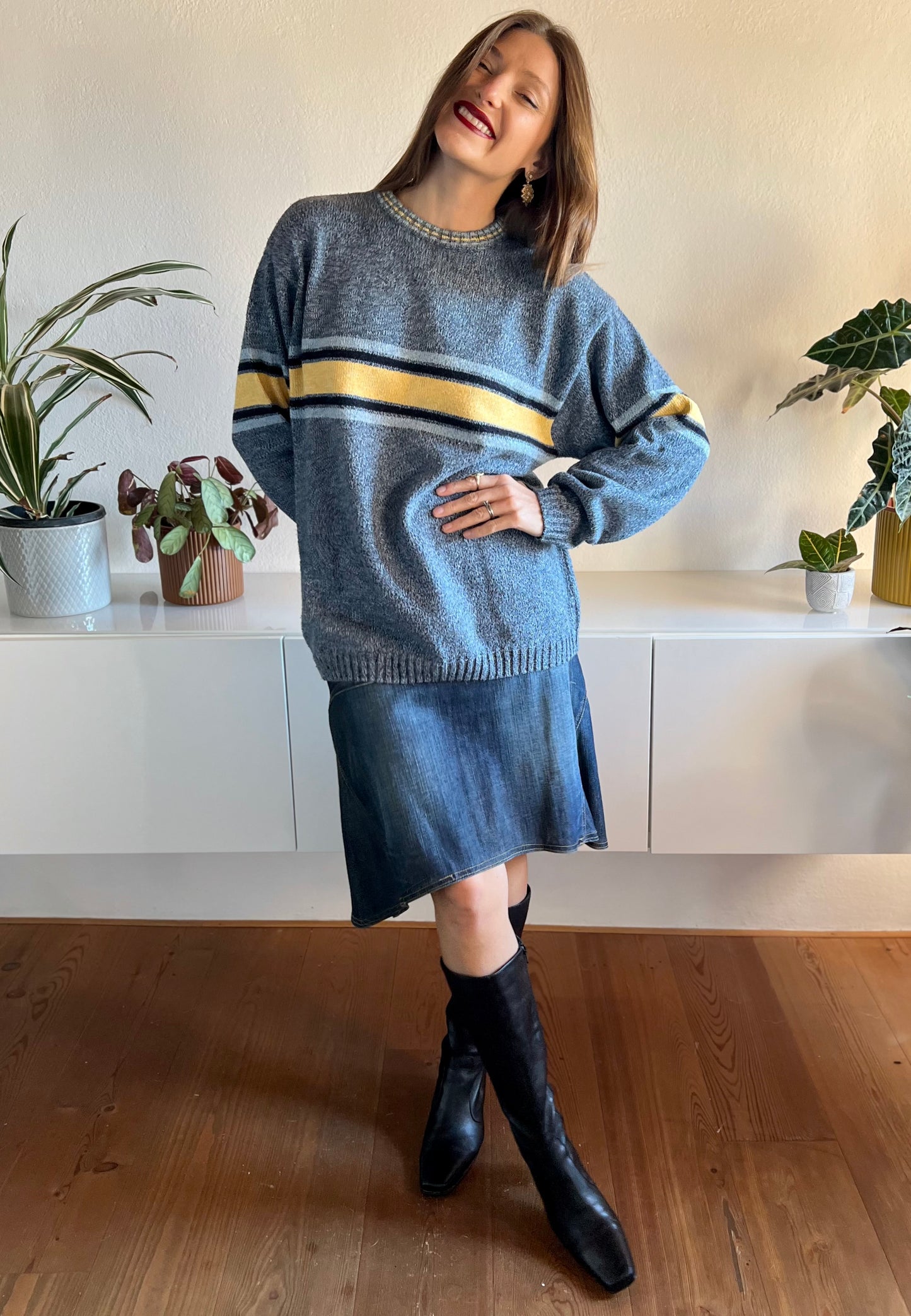 1990's vintage oversize blue and yellow stripe knit pullover