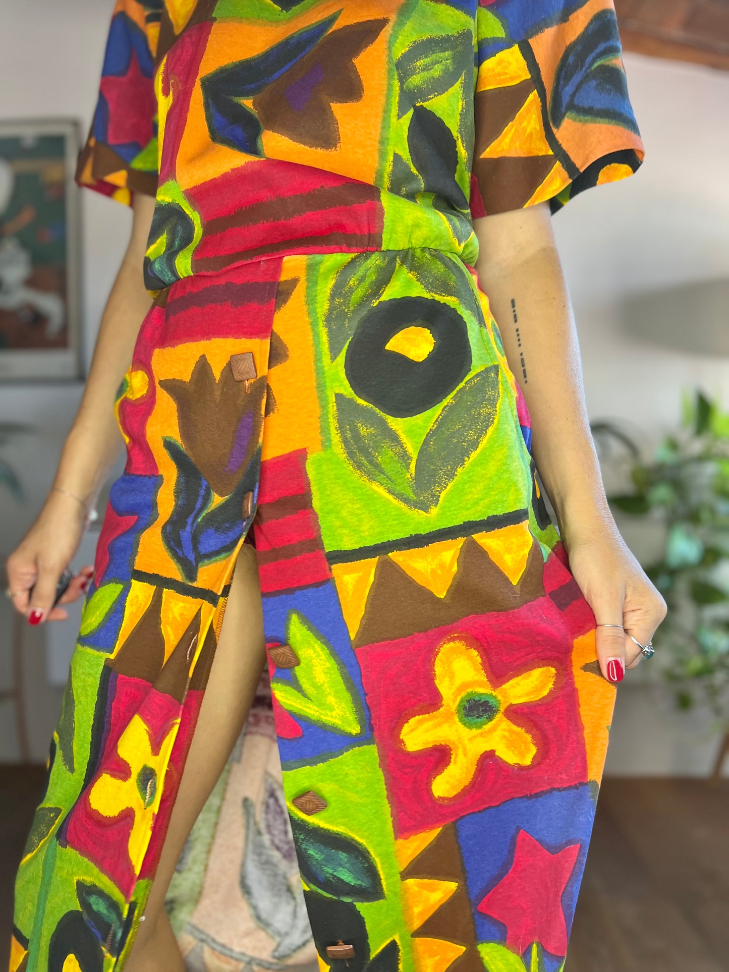 1980's vintage rainbow coloured floral maxi dress