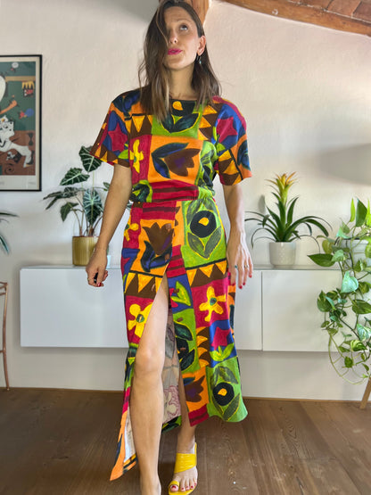 1980's vintage rainbow coloured floral maxi dress