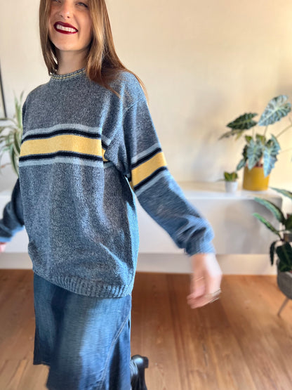 1990's vintage oversize blue and yellow stripe knit pullover