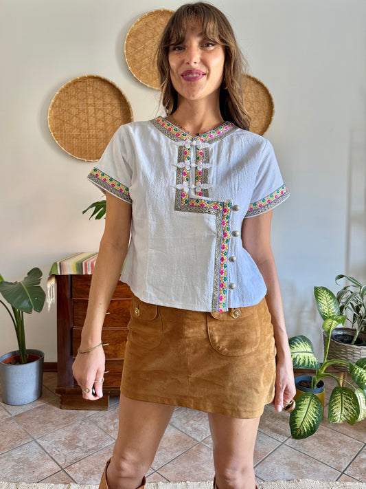 1970's vintage white textured cheongsam top with multicolor floral embroidering