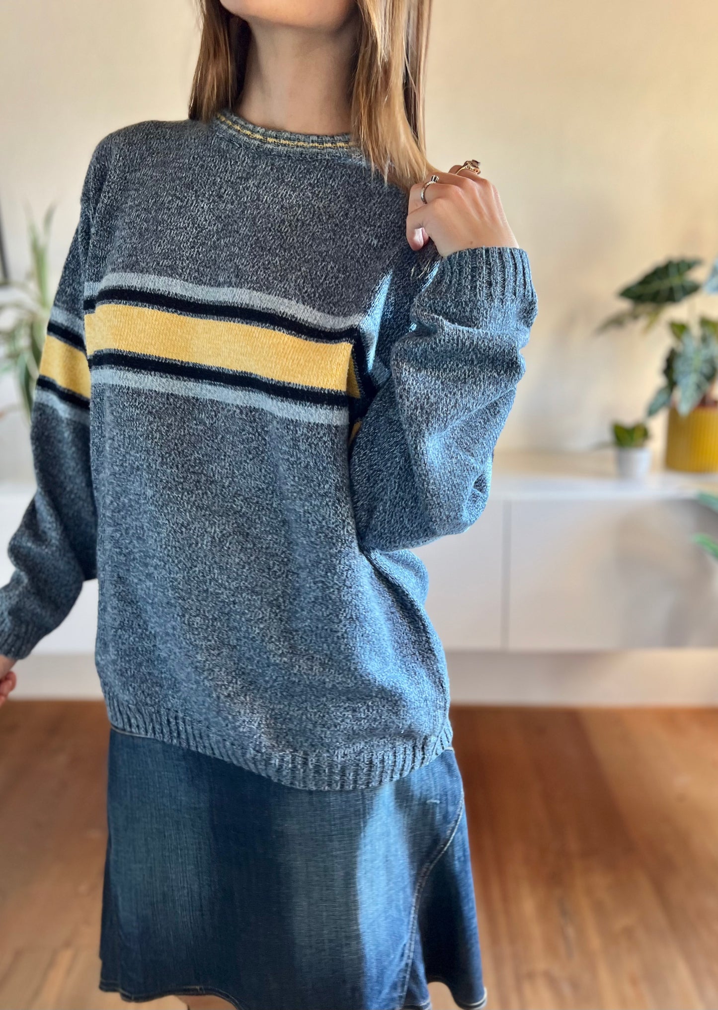 1990's vintage oversize blue and yellow stripe knit pullover