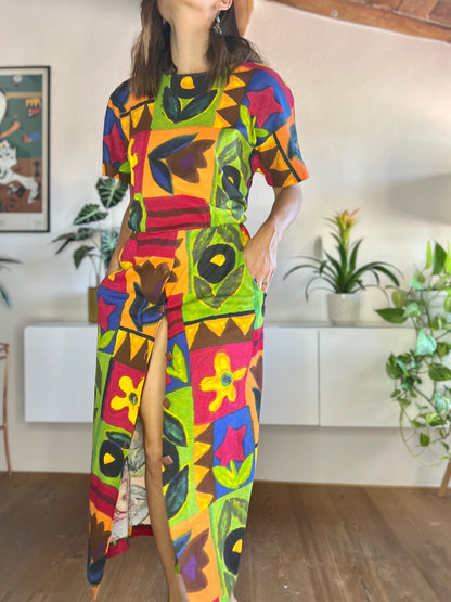 1980's vintage rainbow coloured floral maxi dress