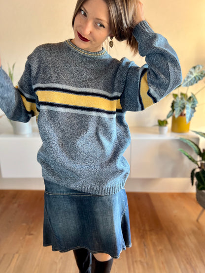 1990's vintage oversize blue and yellow stripe knit pullover