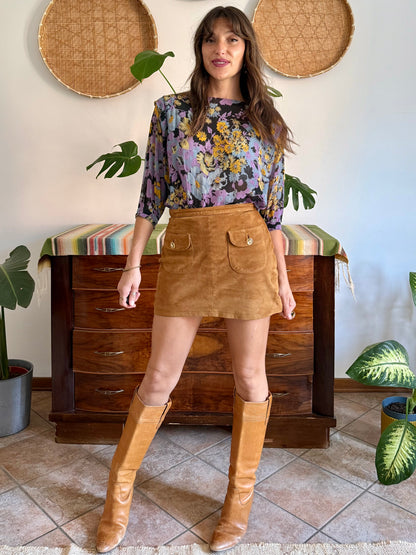 1970's vintage lilac, blue and yellow semi sheer floral print silk blouse