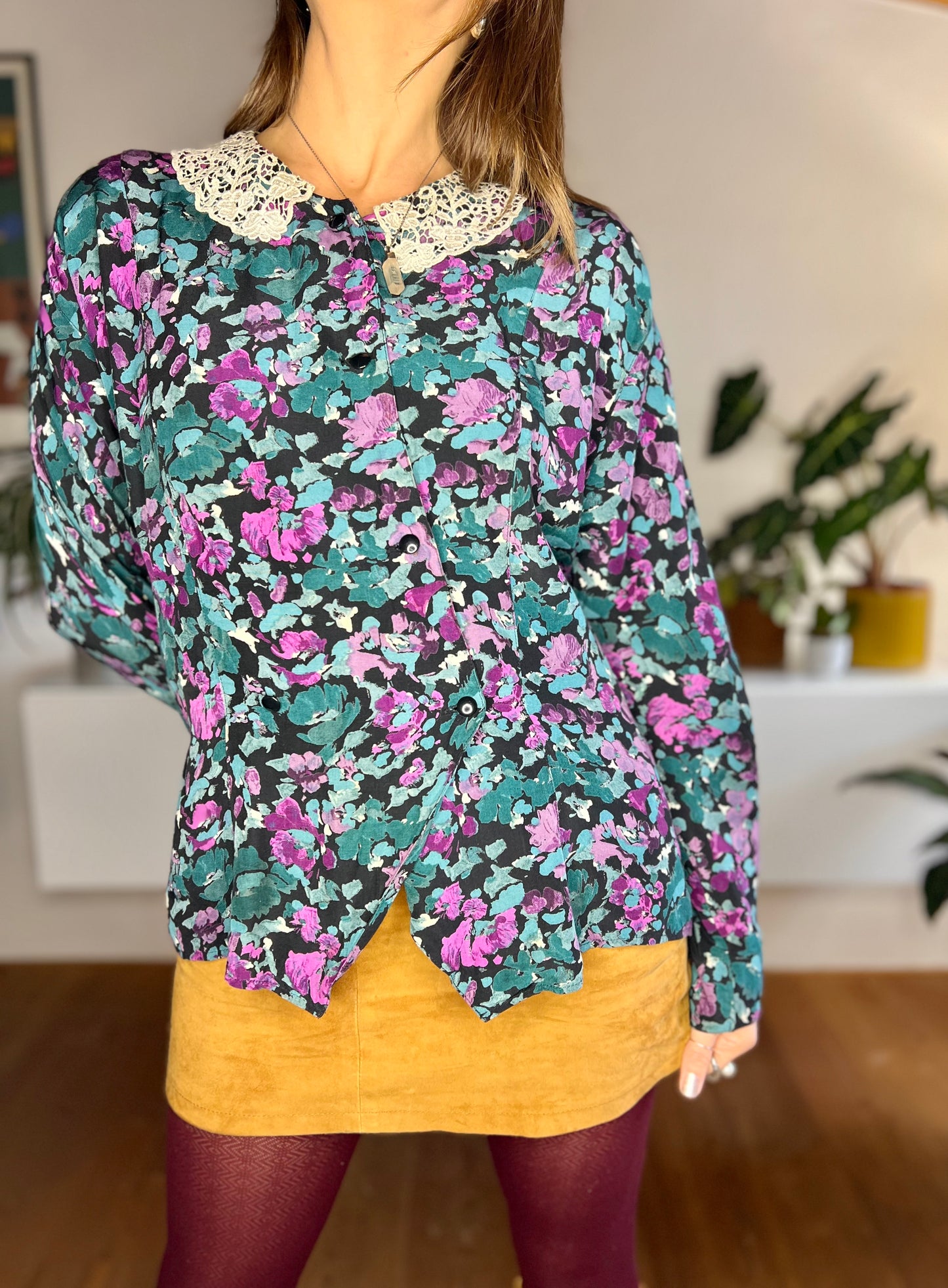 1970's vintage purple and turquoise floral blouse with lace collar