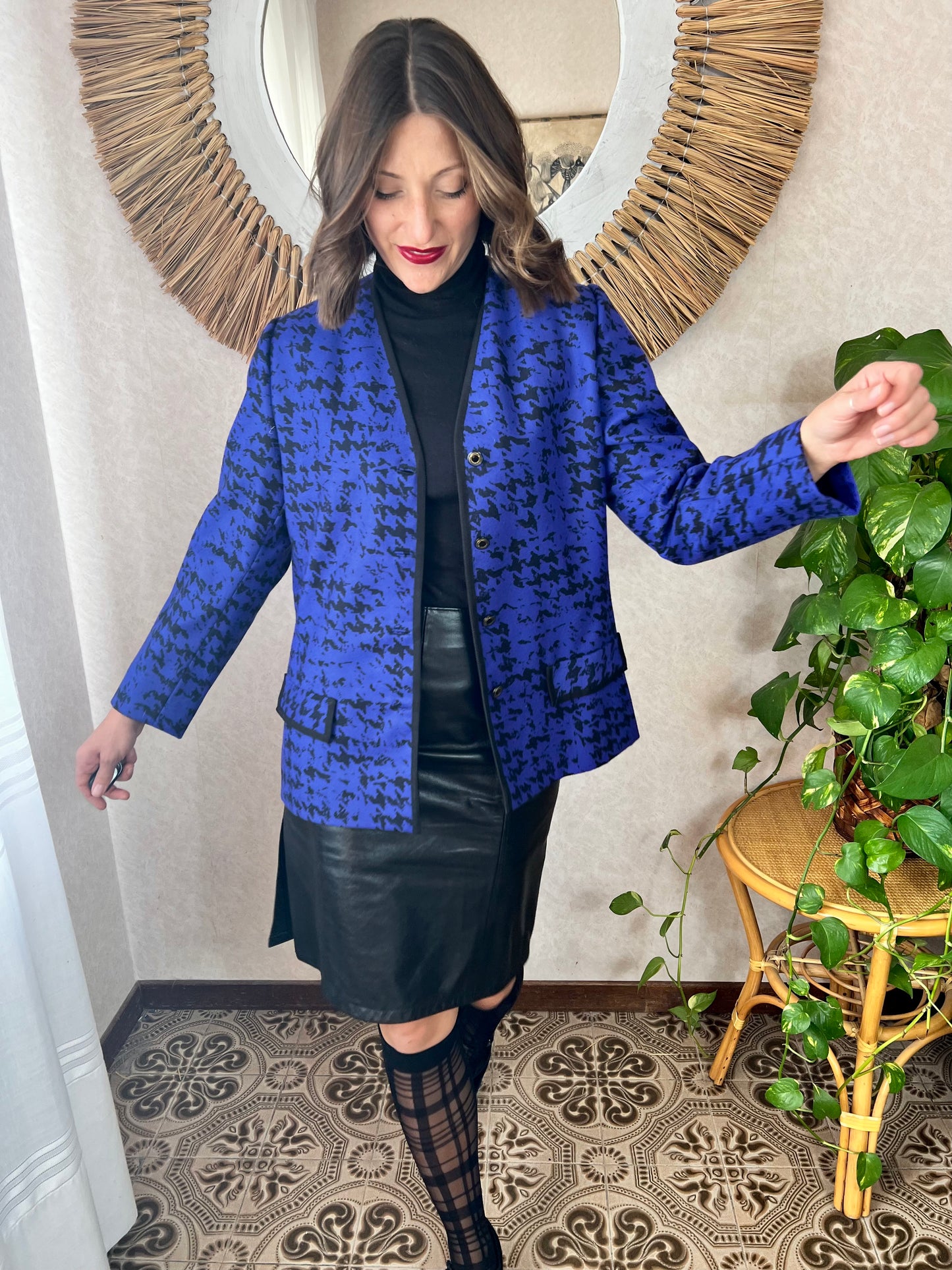 1980's vintage indigo and black abstract wool blazer