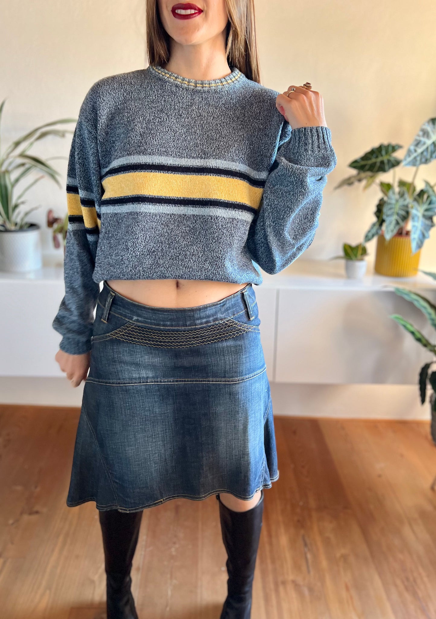 1990's vintage oversize blue and yellow stripe knit pullover