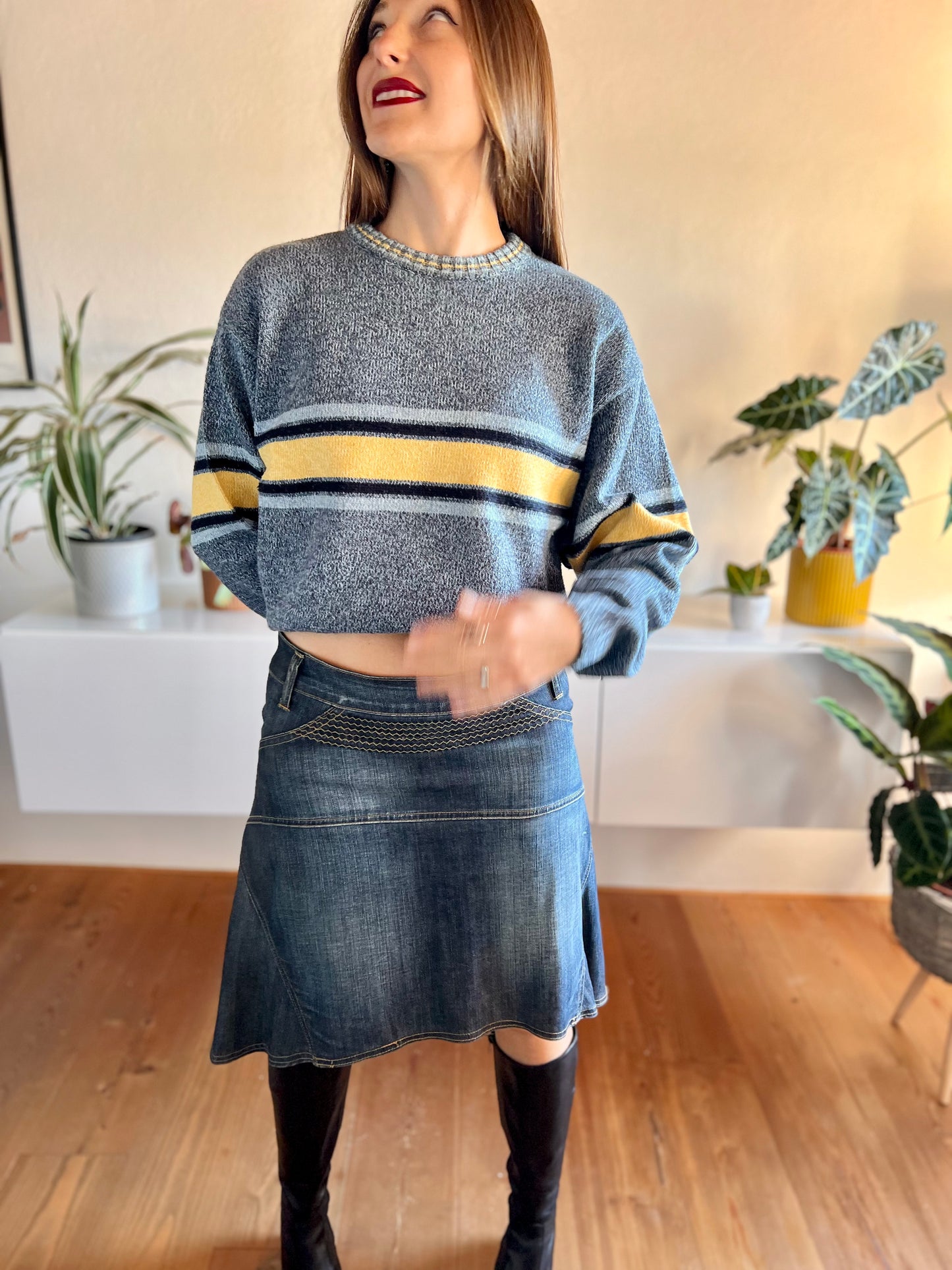 1990's vintage oversize blue and yellow stripe knit pullover