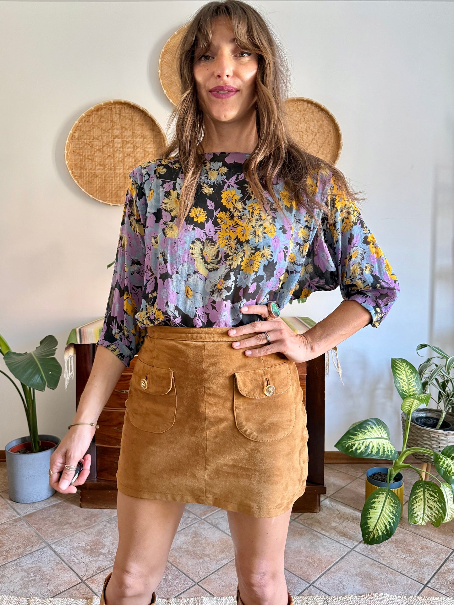 1970's vintage lilac, blue and yellow semi sheer floral print silk blouse
