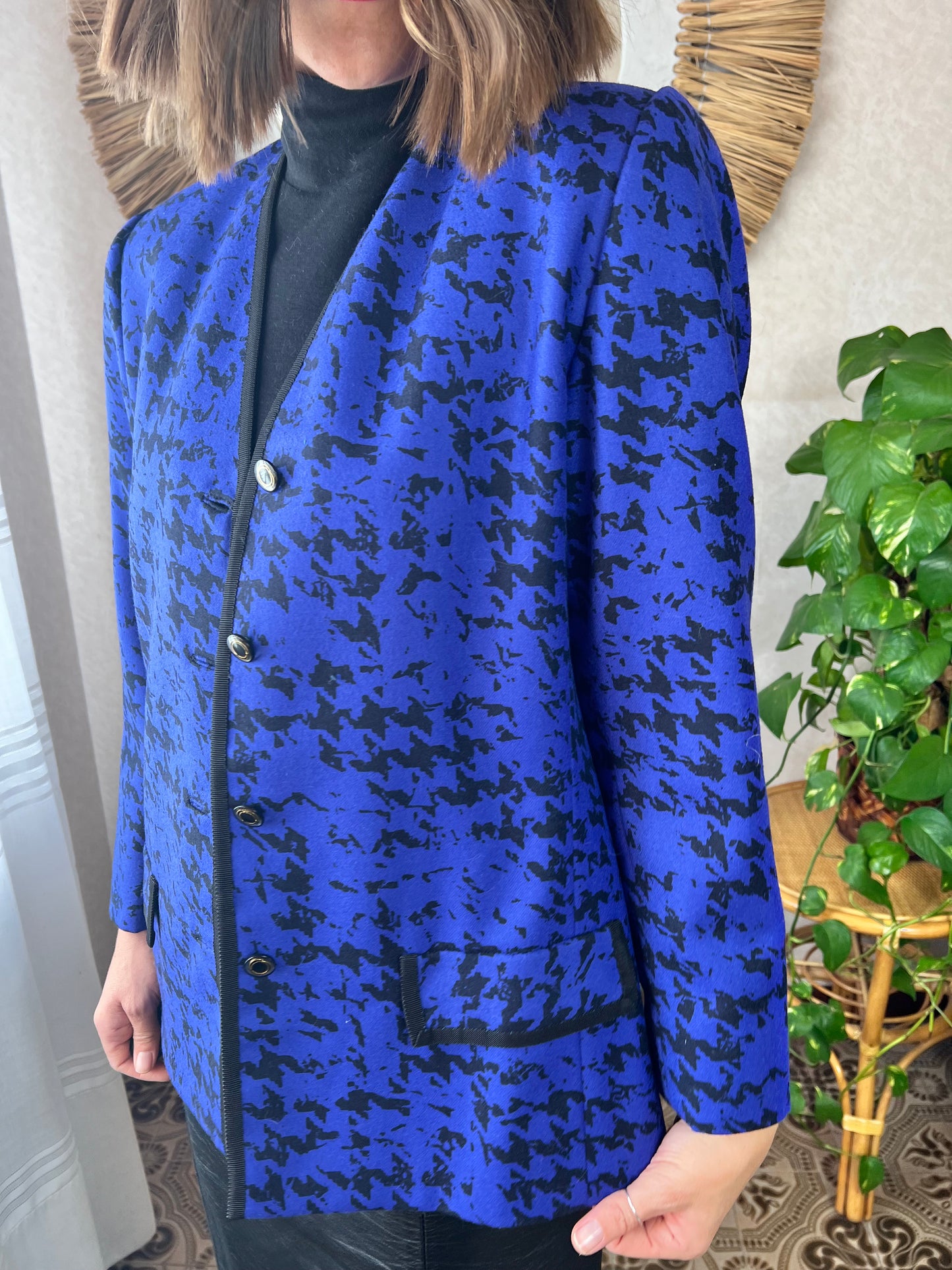 1980's vintage indigo and black abstract wool blazer