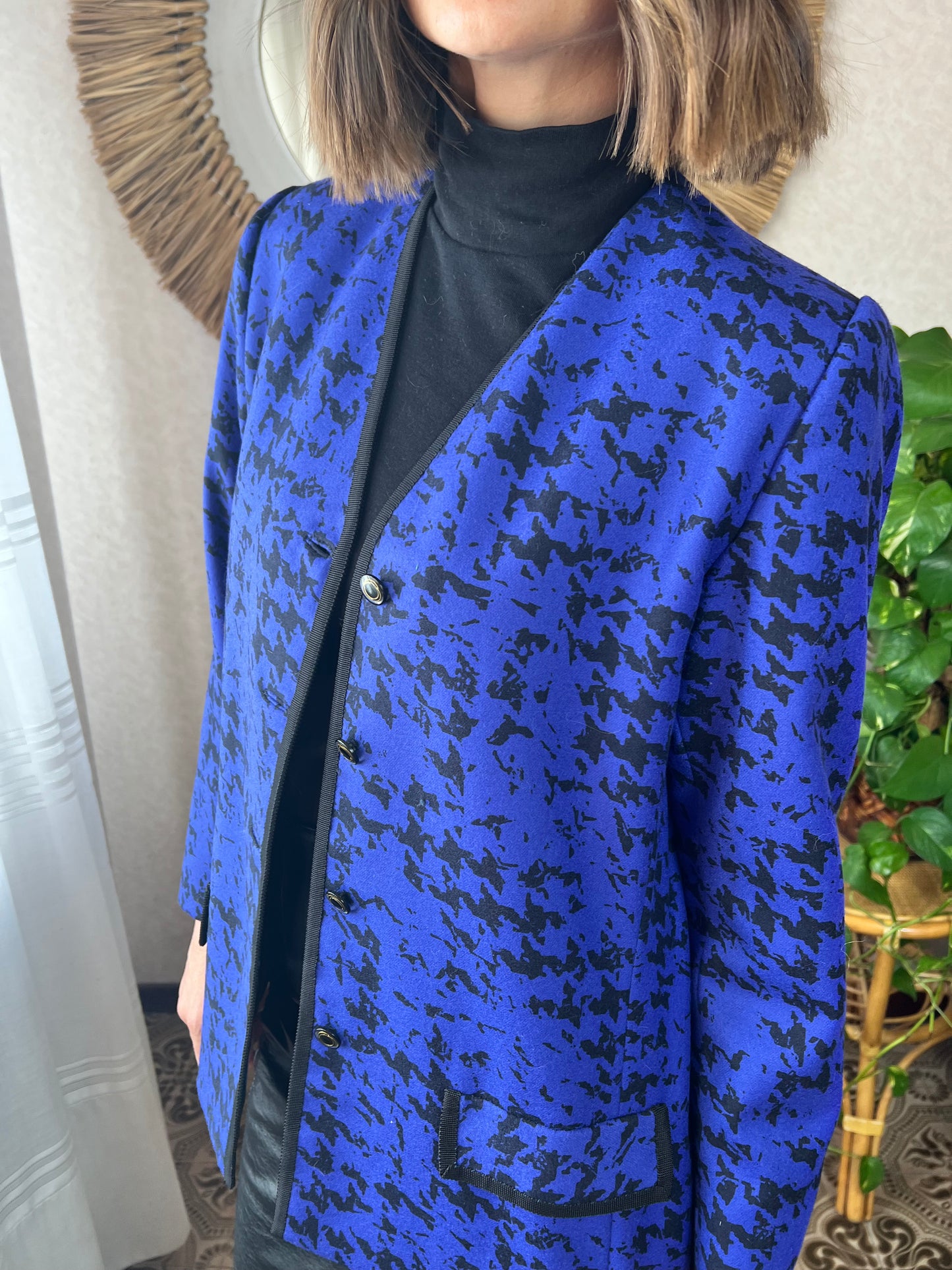 1980's vintage indigo and black abstract wool blazer