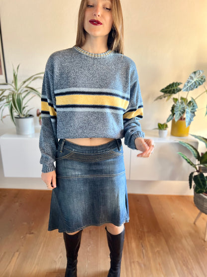 Y2k asymmetrical dark blue denim midi skirt