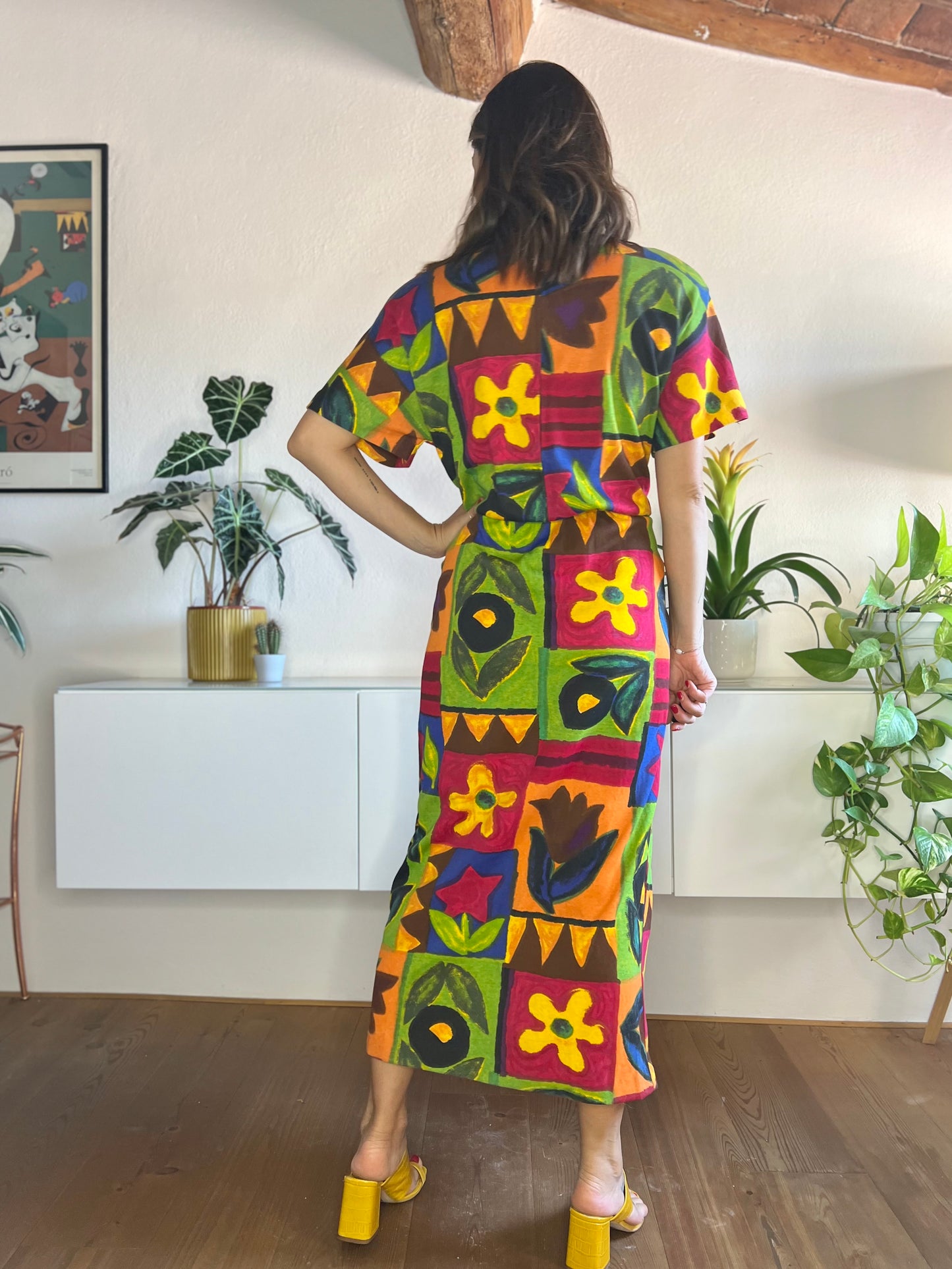 1980's vintage rainbow coloured floral maxi dress