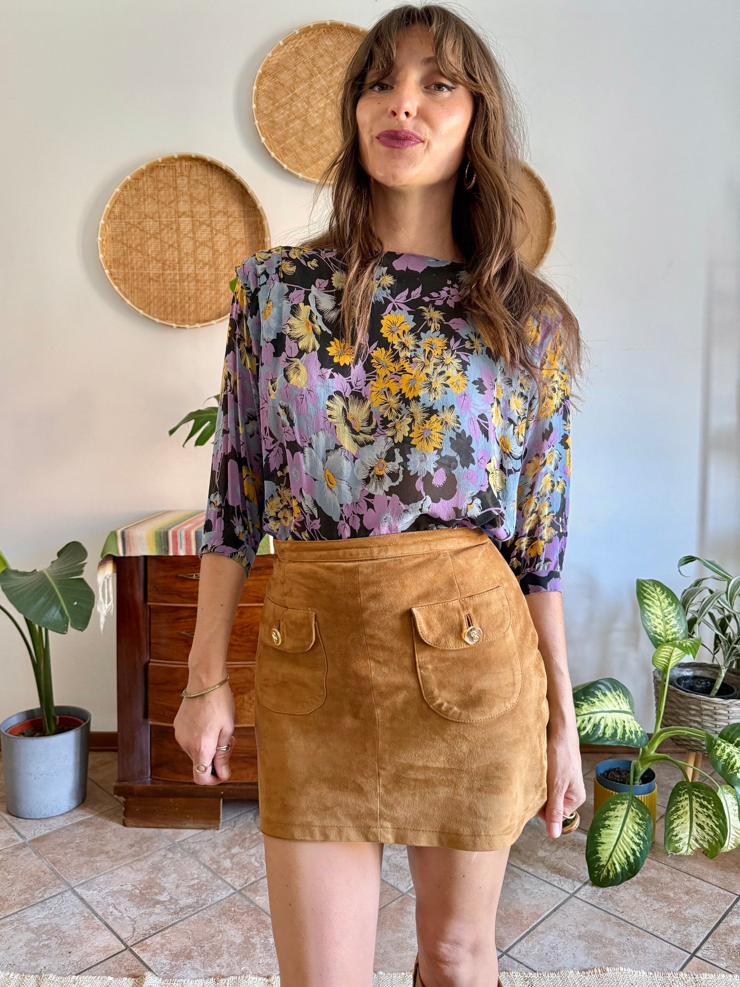 1970's vintage lilac, blue and yellow semi sheer floral print silk blouse